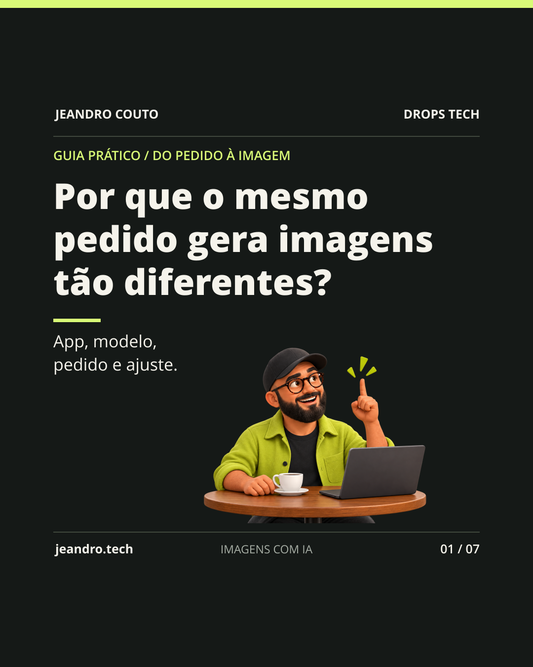 Capa do guia de Jeandro Couto com o título Por que o mesmo pedido gera imagens tão diferentes?, o texto App, modelo, pedido e ajuste e a ilustração de um homem com notebook e xícara.